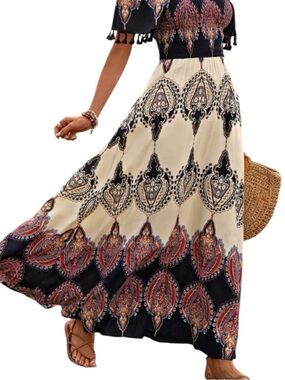 Bohemian Paisley Maxi Skirt - Navy and Cream